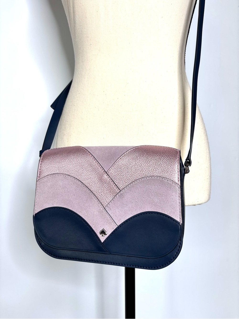 Kate Spade Nadine Patchwork Pink, Navy, Mauve Suede Leather Crossbody Bag - Picture 2 of 12